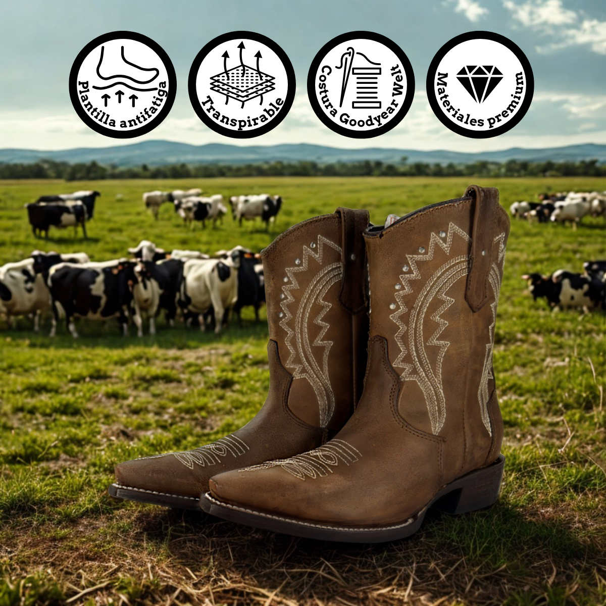 Bota rodeo para Dama Estilo 0107 Color café Suela de cuero Diamond Bull