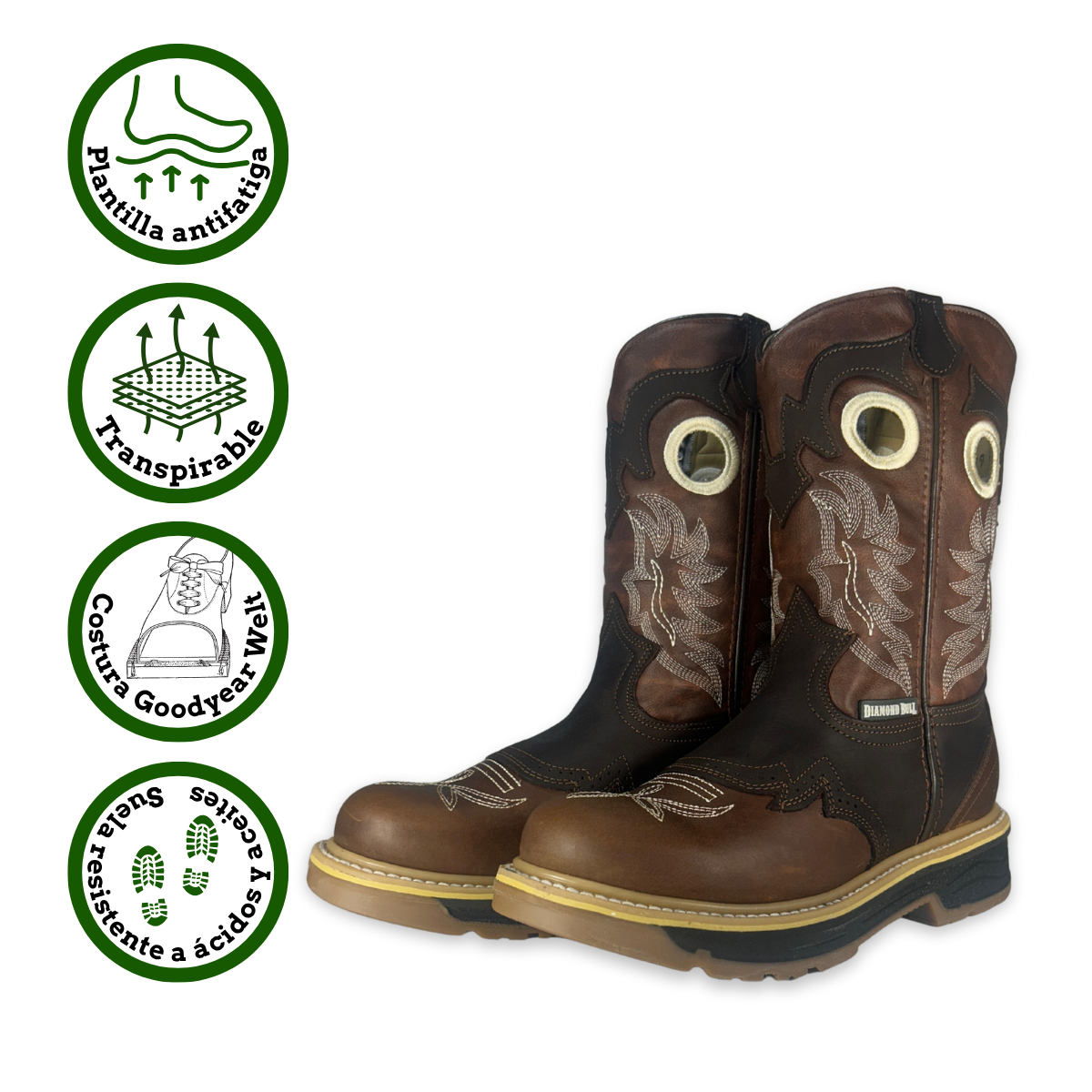 Bota rodeo de trabajo Estilo 6035 Color café Suela Doble densidad Diamond Bull